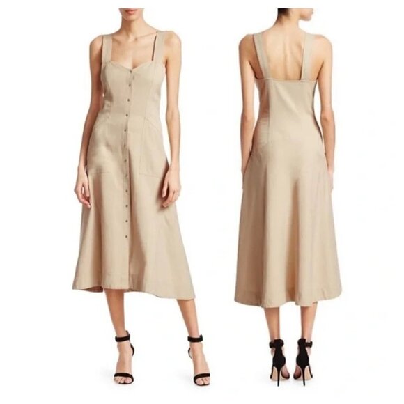 A.L.C Size 2 Varelli Sweetheart Sleeveless Midi Dress In Khaki with Pockets - Picture 1 of 14